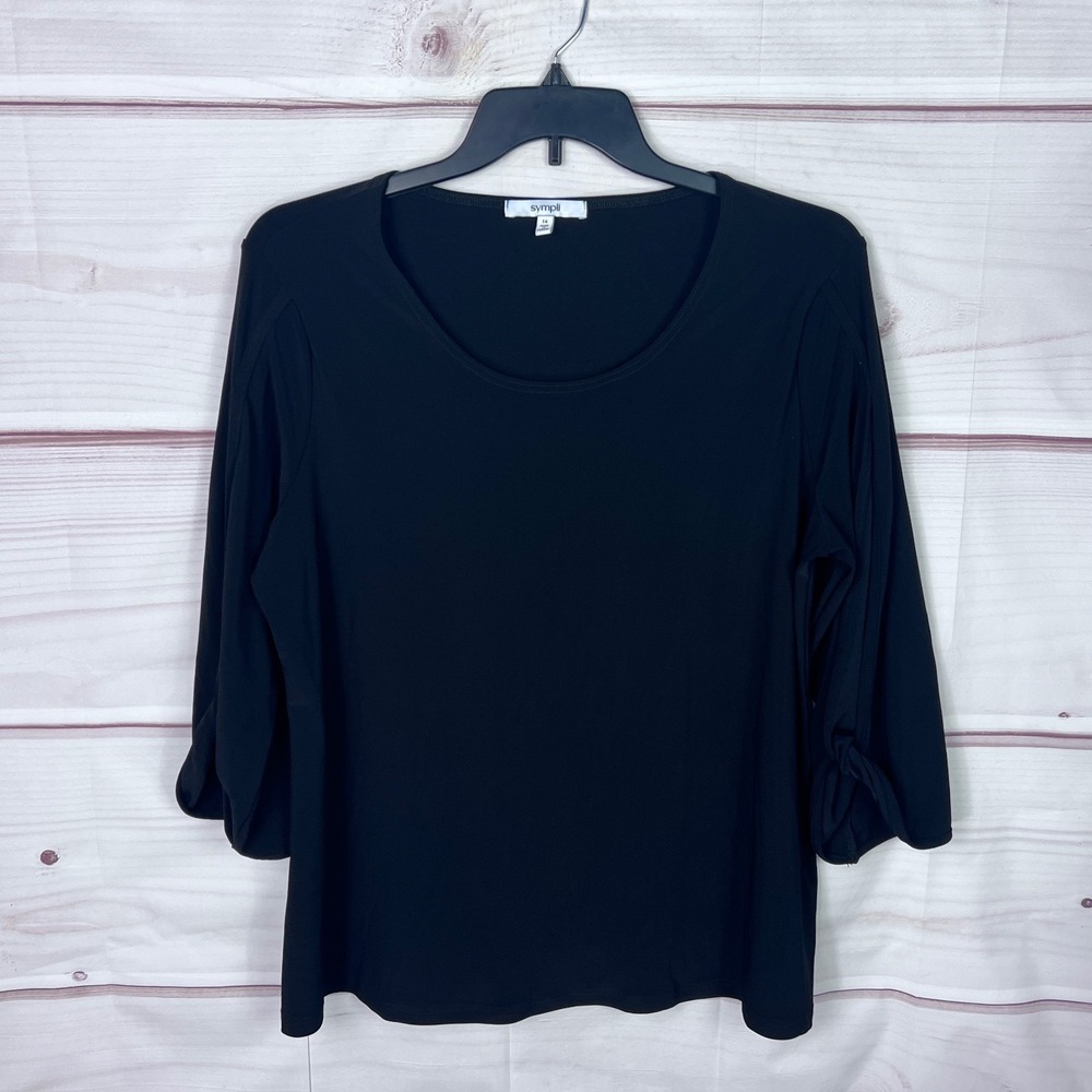 Sympli Top Womens 16 Black Scoop‎ Neck Blouse Knit Slit Sleeve Pullover Solid